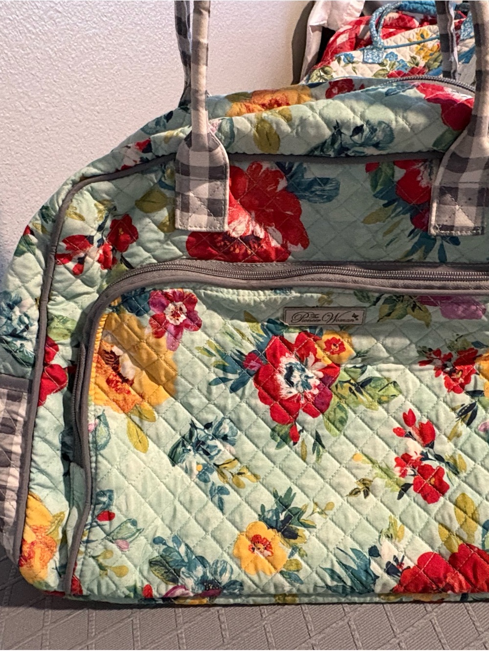 The Pioneer Woman Quilted Mint Floral Travel Bag with Red & Yellow Blooms